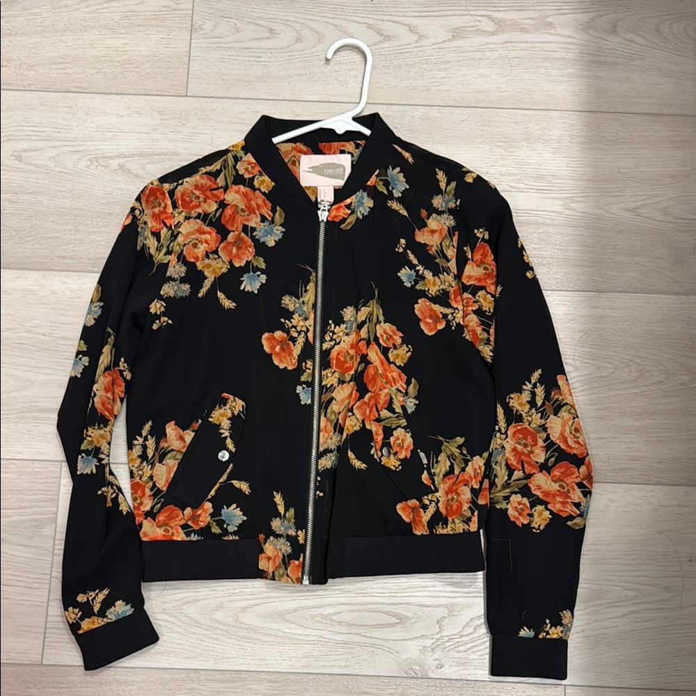 Forever 21 Black and Orange Bomber Jacket with Floral Design